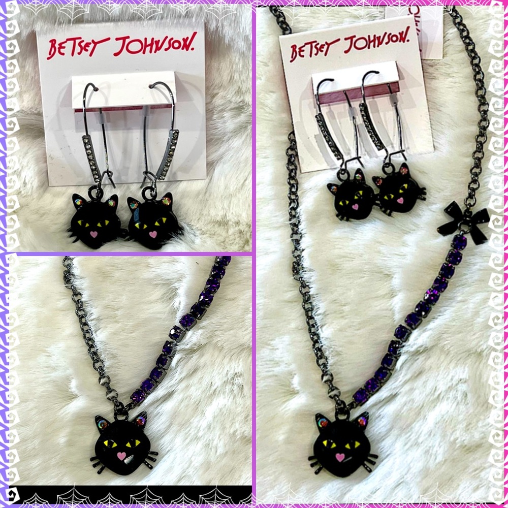 Betsey Johnson Halloween Black Cat Necklace and Matching Drop Earring Bundle NWT
